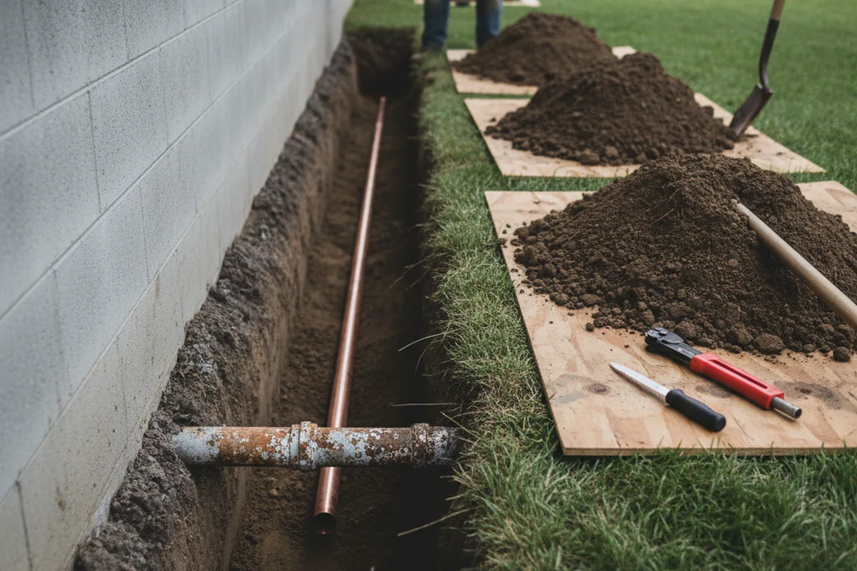 Excavated water line trench during Sewer Line Repair in Colfax